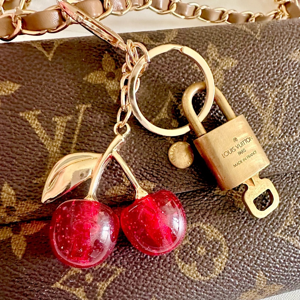 Louis Vuitton Gold Padlock with Red Cherry Charm Key Holder